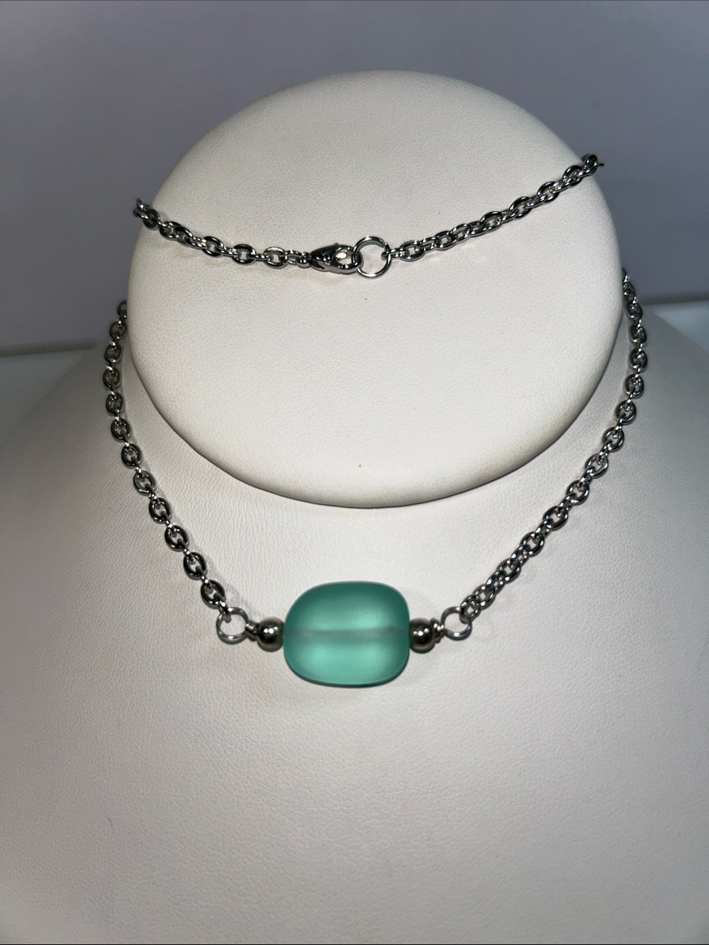 New Artisan Handmade Aqua Sea Glass Bead On Hypoallergenic Stainless Steel Chain